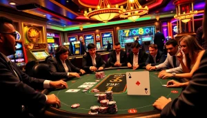 Players experiencing intense poker action at a luxurious casino table marked with 789F, surrounded by colorful gaming elements.