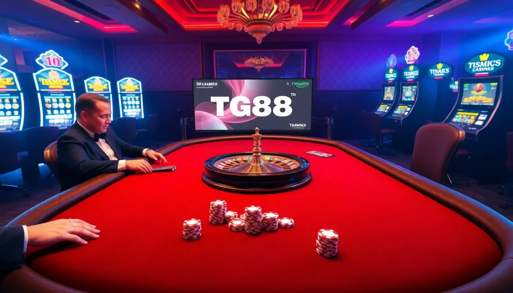 Experience thrilling gameplay at TG88 casino tables filled with action-packed poker games, chips, and cards.