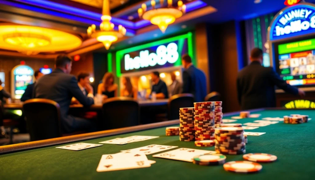 Hello88 casino scene showcasing vibrant gaming tables and slot machines for an engaging experience.