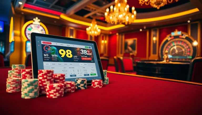 The app 98win enhances the gaming experience at a luxurious casino table surrounded by vibrant poker chips and slots.