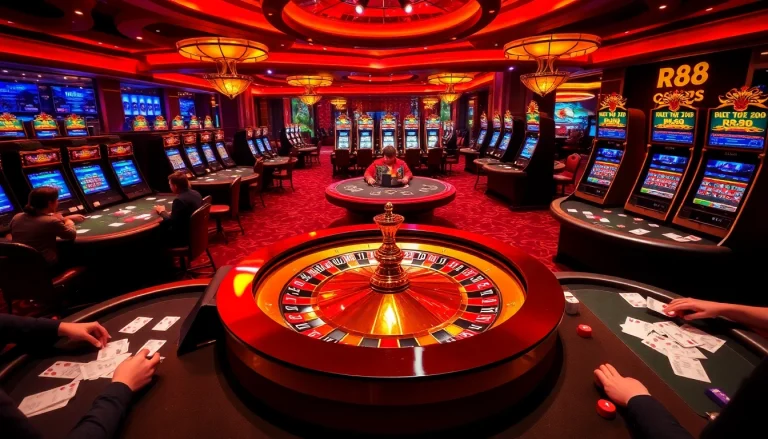 RR88 thrilling casino atmosphere with poker tables, roulette, and vibrant slot machines.