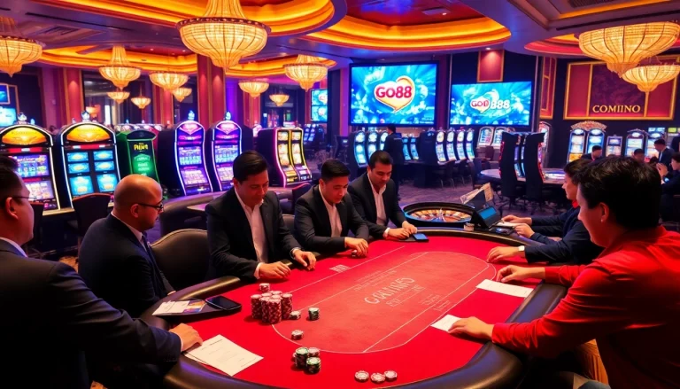 Players enjoying a high-stakes poker game at GO88 with vibrant casino elements.