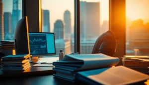 A private detective reviewing cases in a modern office, showcasing professionalism and focus.