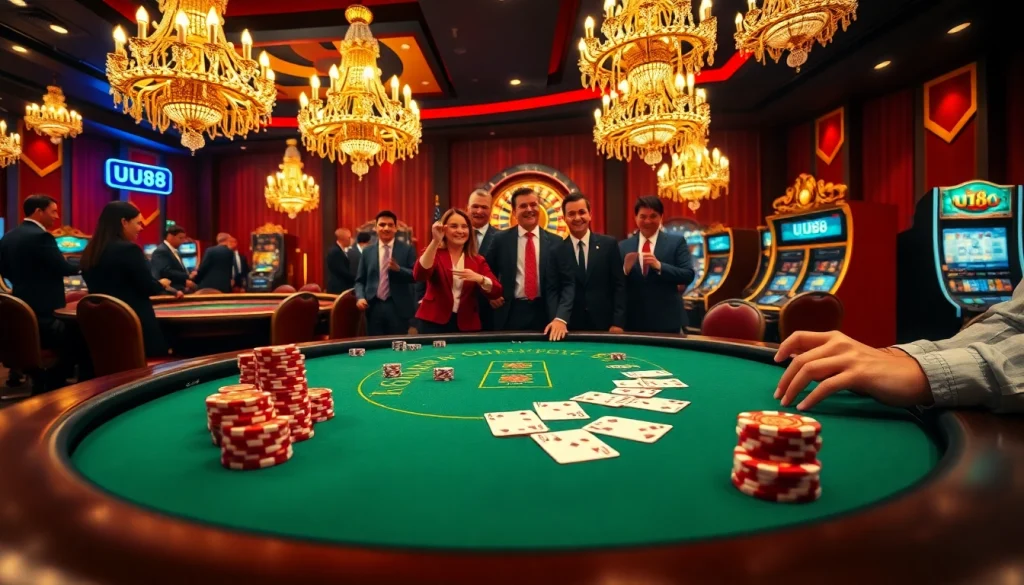 Experience thrilling gaming action at uu88 with luxurious casino tables and poker chips.