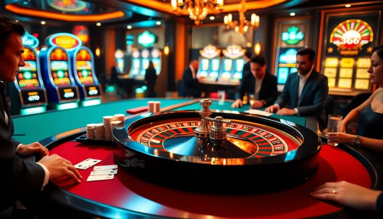 Players enjoying a vibrant B66 casino atmosphere with roulette and poker.
