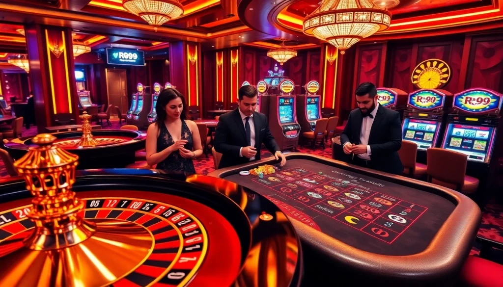 Players enjoying poker and roulette games in a luxurious casino setting with rr99 elements.