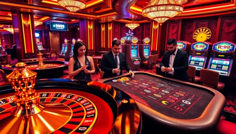 Players enjoying poker and roulette games in a luxurious casino setting with rr99 elements.