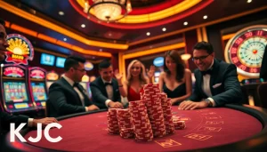 KJC poker players strategizing during a high-stakes game at an opulent casino.