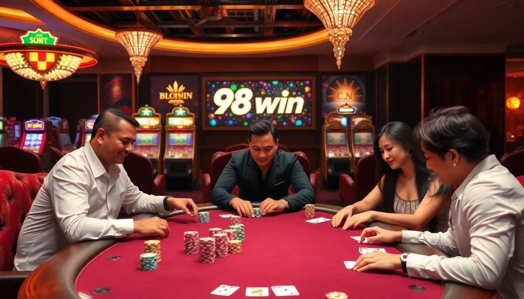 Experience excitement at 98win's vibrant casino tables with players enjoying thrilling games.
