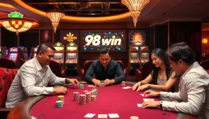 Experience excitement at 98win's vibrant casino tables with players enjoying thrilling games.