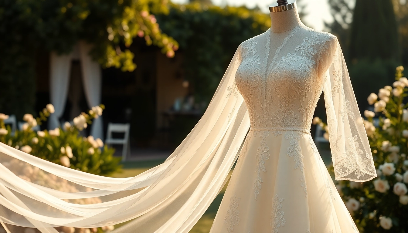 Bridal gown by Rebel Designerwear displayed elegantly in a picturesque outdoor setting.