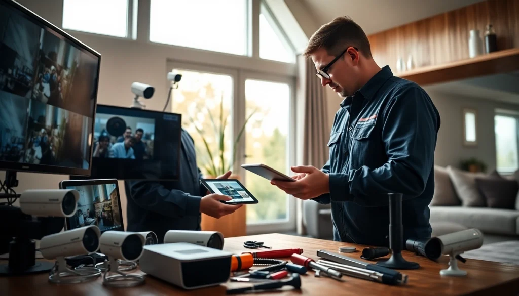 Soporte técnico en cámaras de seguridad con un técnico instalando cámaras de videovigilancia de alta calidad en un hogar moderno.