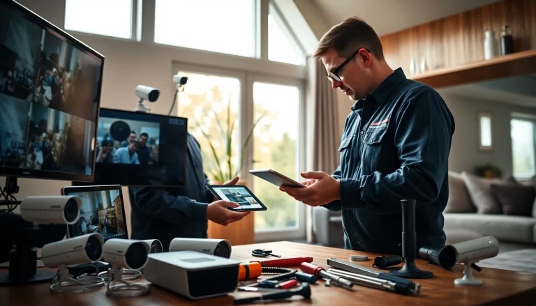 Soporte técnico en cámaras de seguridad con un técnico instalando cámaras de videovigilancia de alta calidad en un hogar moderno.