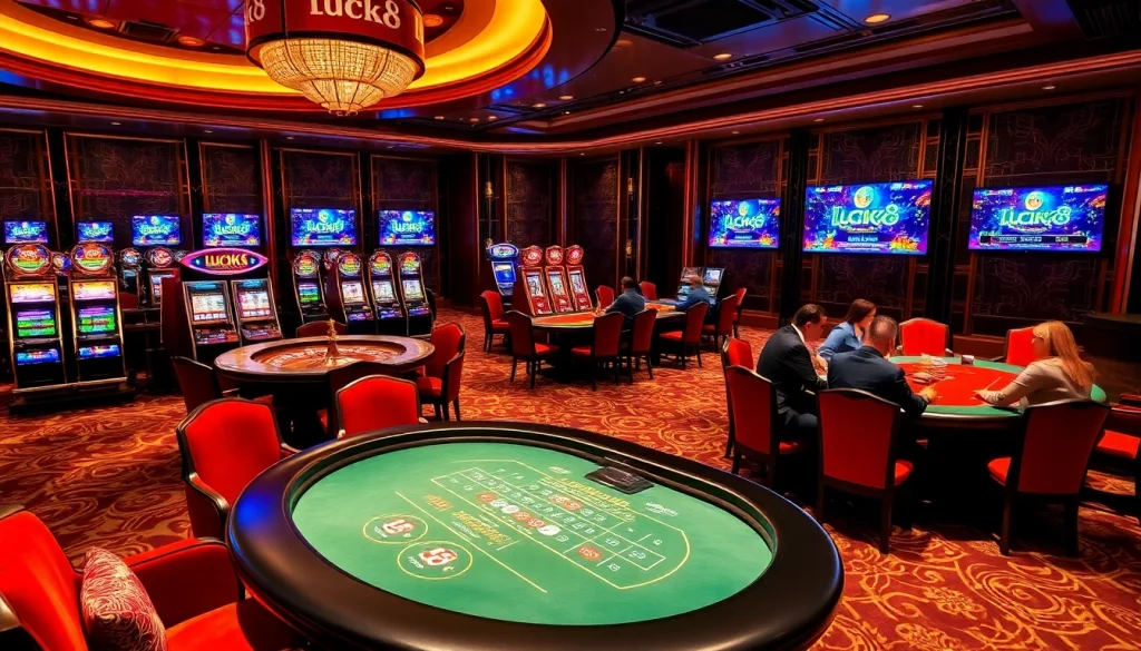 Engage in thrilling games at Luck8 casino, featuring stunning slot machines and vibrant poker tables.