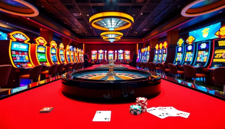 Experience thrilling gameplay at BJ88 with a vibrant casino scene filled with roulette, chips, and gaming excitement.