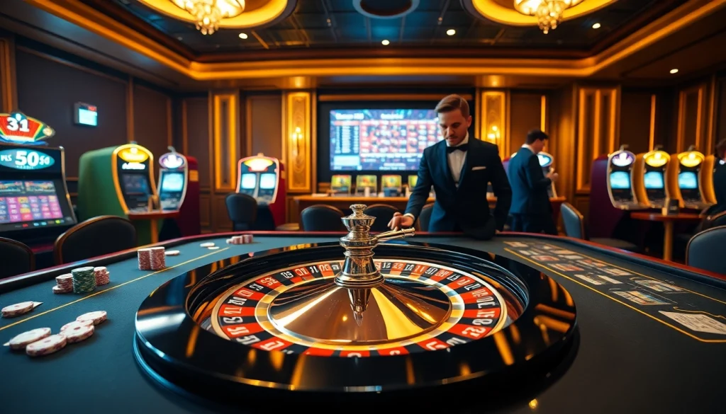 A dynamic casino scene at max88 featuring poker tables and a roulette wheel, evoking excitement.