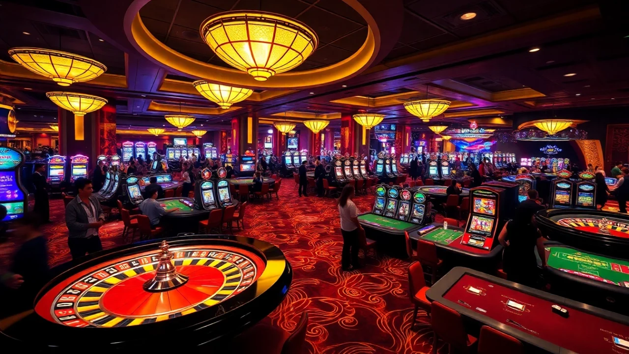 Engaging modern casino scene showcasing sunwin branded games and vibrant gambling activity.