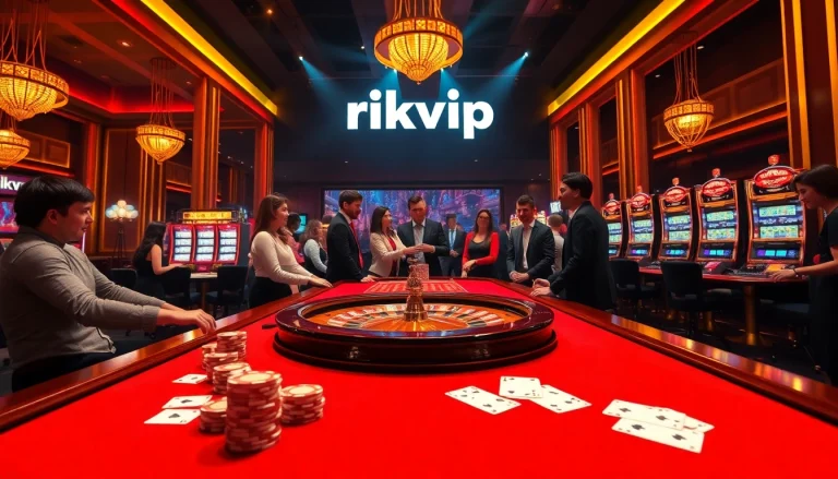 Players engaging with rikvip gaming tables, showcasing the thrill of winning and excitement in a modern casino environment.