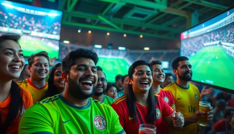 CakhiaTV live streaming soccer match with excited fans cheering joyfully.