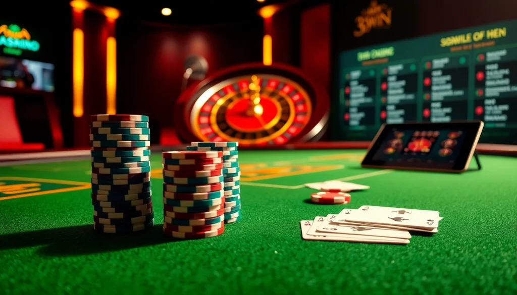 An immersive scene of an upscale casino table featuring vibrant poker chips and cards illustrating the luxurious experience of 33win.property's online gaming.