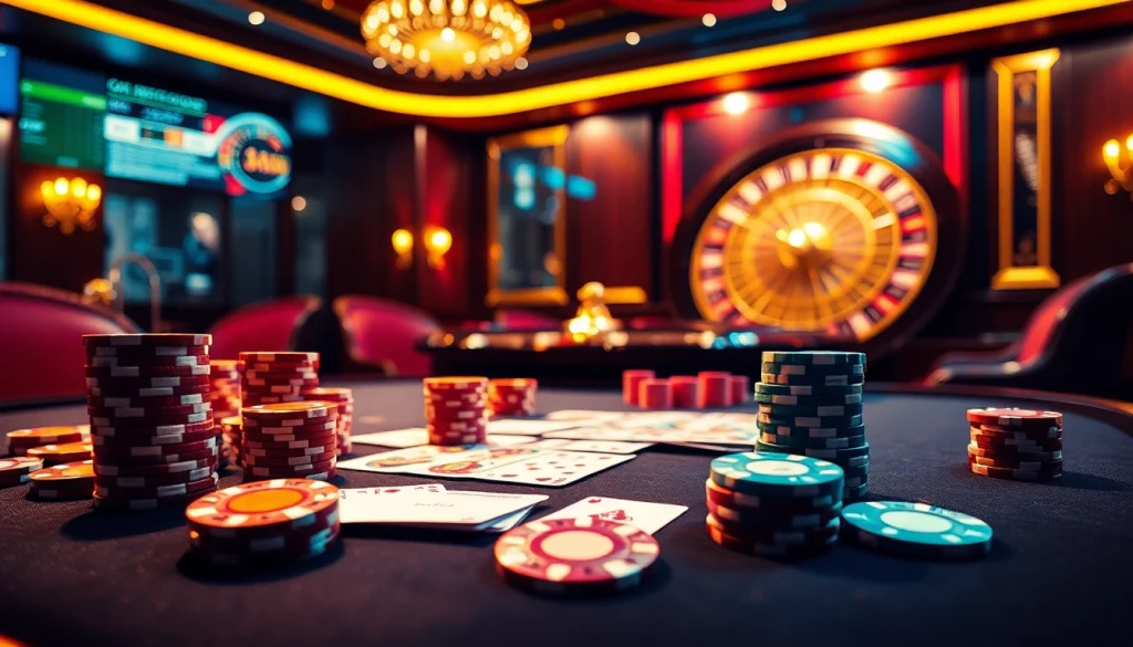 Experience the thrill of gaming at trang chủ 33win with vibrant poker chips and an elegant roulette wheel.
