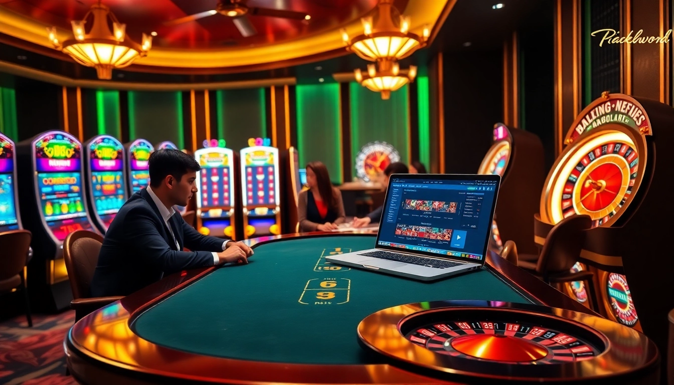 Players at a 7HH casino table enjoying an exciting poker game surrounded by vibrant slots.