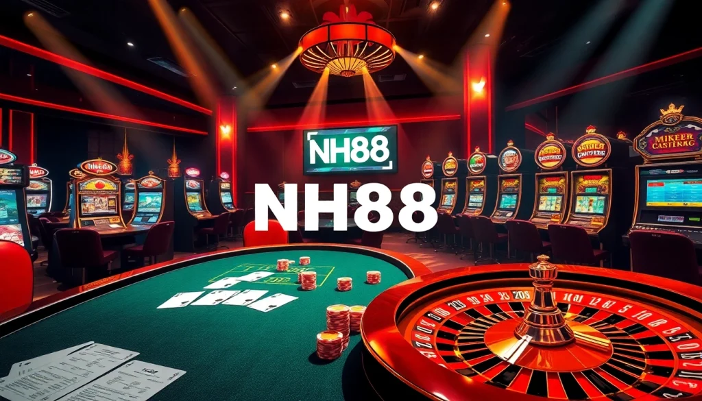 Engage in high-stakes poker gameplay with NH88, featuring vibrant casino elements and dynamic atmosphere.