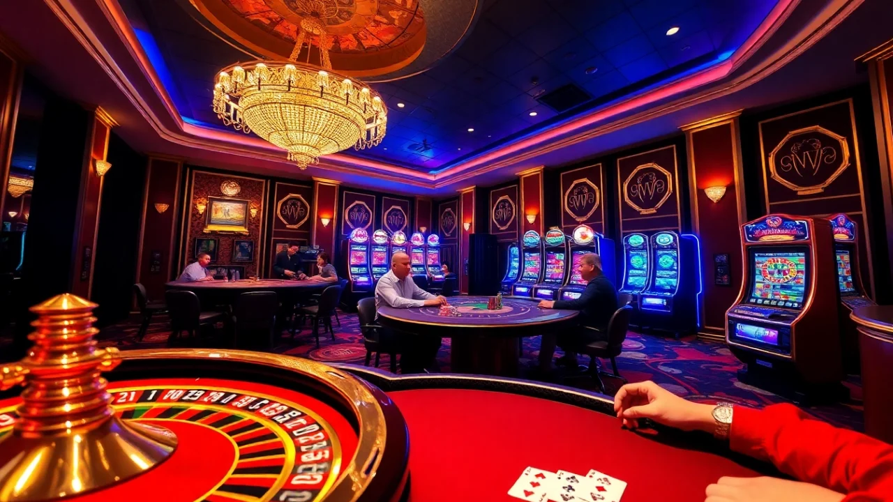 Players enjoying intense poker action and vibrant slot machines at https://88vv.jpn.com/ casino.