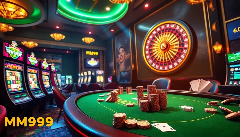 Engage with MM99's thrilling casino atmosphere featuring vibrant games and players in action.