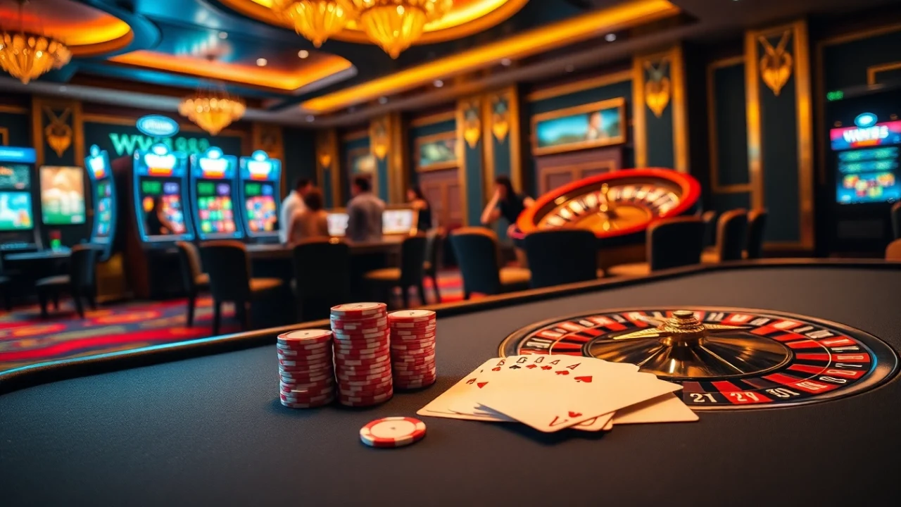 WW88 casino scene showcasing an elegant poker table and vibrant slot machines.