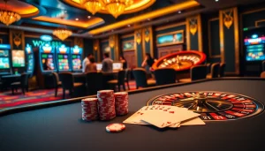 WW88 casino scene showcasing an elegant poker table and vibrant slot machines.