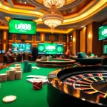 Exciting u888 casino gaming scene with poker chips, cards, and a roulette wheel.