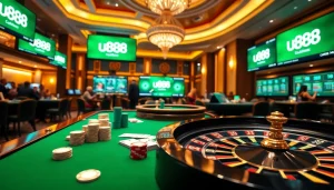 Exciting u888 casino gaming scene with poker chips, cards, and a roulette wheel.