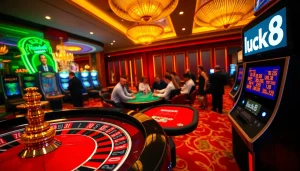 Experience the thrill of luck8 with players enjoying roulette and poker in a luxurious casino atmosphere.