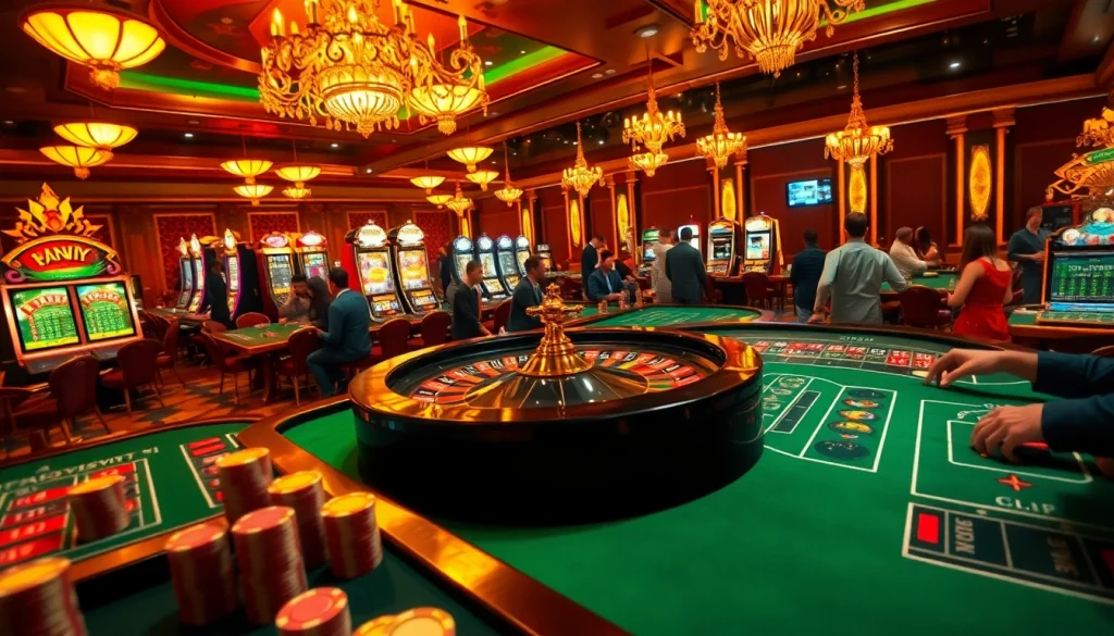 Experience the excitement of rikvip with players enjoying a luxurious casino atmosphere full of vibrant slot machines and poker tables.