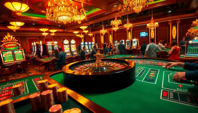 Experience the excitement of rikvip with players enjoying a luxurious casino atmosphere full of vibrant slot machines and poker tables.