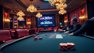 High-stakes poker action at OK365m in a luxurious casino setting.