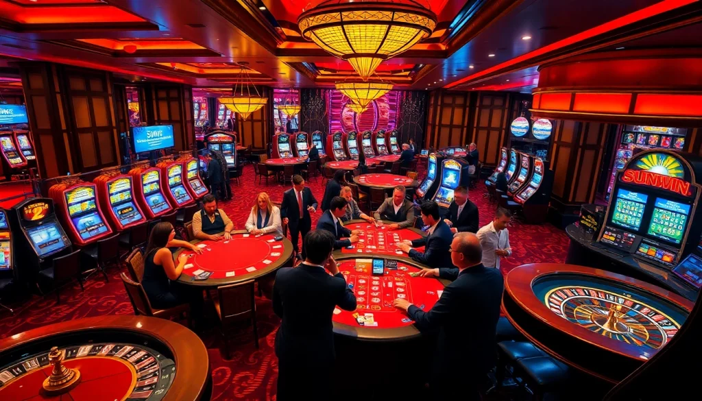 Engaged players enjoying a lively poker game at Sunwin's luxurious casino setting.