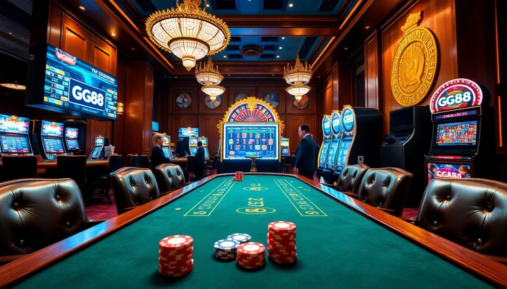 Experience the thrill of GG88 casino gaming with vibrant tables, glowing slots, and excited players.