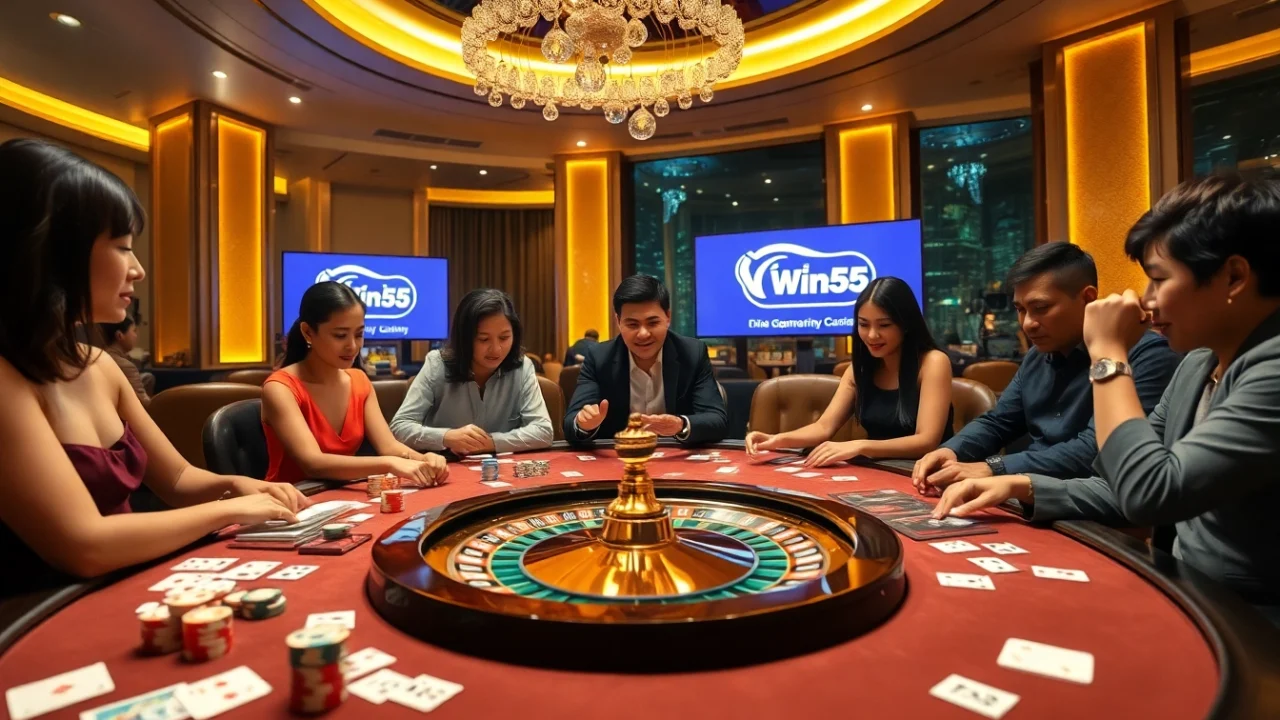 Players enjoying a thrilling game at Nhà Cái Win55 casino with poker chips and roulette wheel