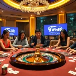 Players enjoying a thrilling game at Nhà Cái Win55 casino with poker chips and roulette wheel