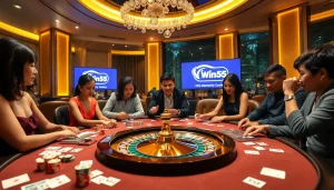 Players enjoying a thrilling game at Nhà Cái Win55 casino with poker chips and roulette wheel