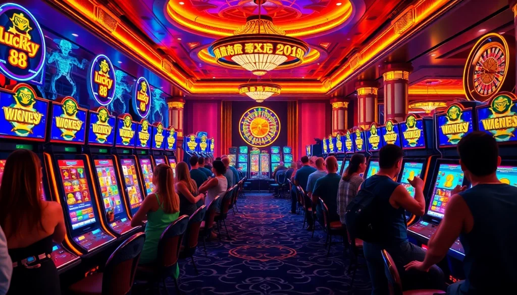 Players enjoying exciting Lucky 88 slot machines in a luxurious casino atmosphere.