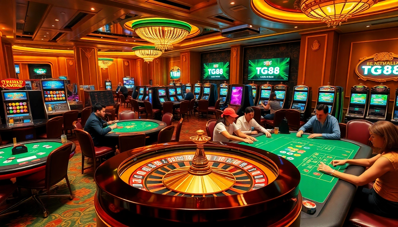 Players engaging in a high-stakes poker game at TG88 casino, highlighting excitement and a luxurious atmosphere.