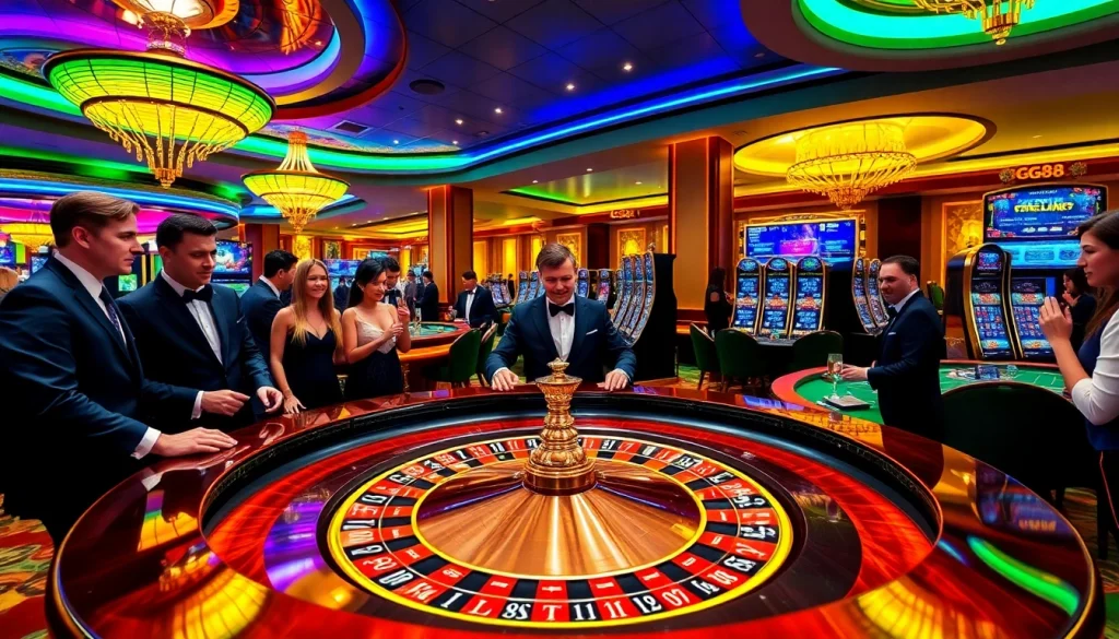 GG88 players engaged in thrilling games at a luxurious casino setting with roulette and slots.
