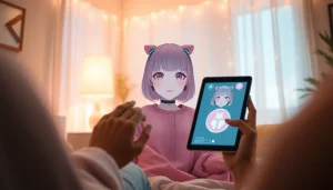 Engaging NSFW AI character interaction in a cozy room, featuring a friendly digital interface.