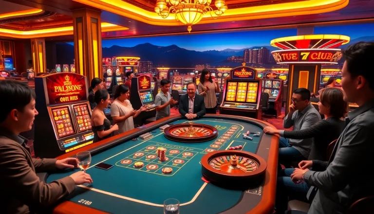 Players enjoying vibrant casino games at 789club, featuring exciting slots and a roulette wheel.