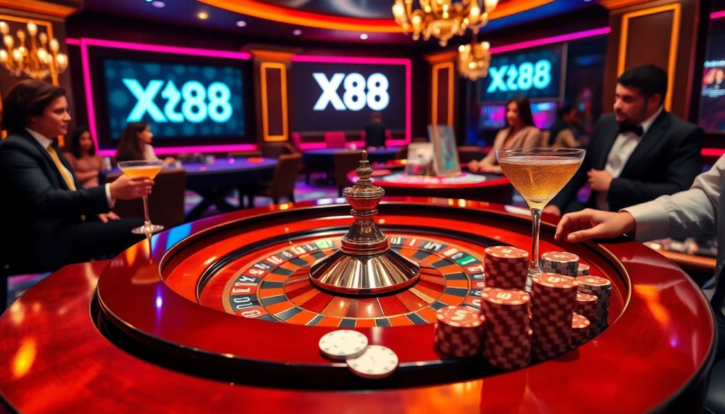 Players excitedly engage at the X88 roulette table, showcasing luxury and high-stakes gambling.