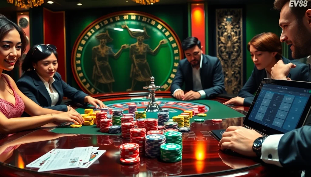 Exciting poker game scene with luxurious casino elements showcasing Ev88 4 for online gamblers.