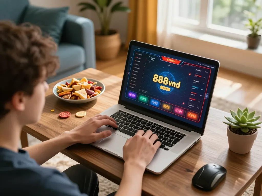 Person strategizing winning bets at 888vnd gaming interface in comfortable home setting